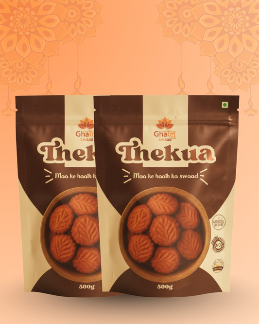 Combo pack of homemade Atta and Maida Thekua on a plate - Gharelu Swaad authentic Indian snacks