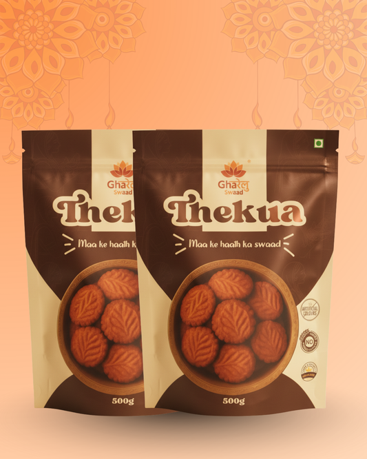 Combo pack of homemade Atta and Maida Thekua on a plate - Gharelu Swaad authentic Indian snacks