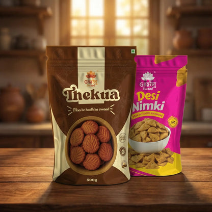 Thekua (Maida) & Desi Nimki Combo – Homemade Indian Snacks (500g + 250g) | GHARELU SWAAD