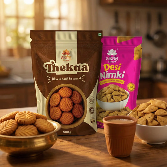 Thekua (Maida) & Desi Nimki Combo – Homemade Indian Snacks (500g + 250g) | GHARELU SWAAD